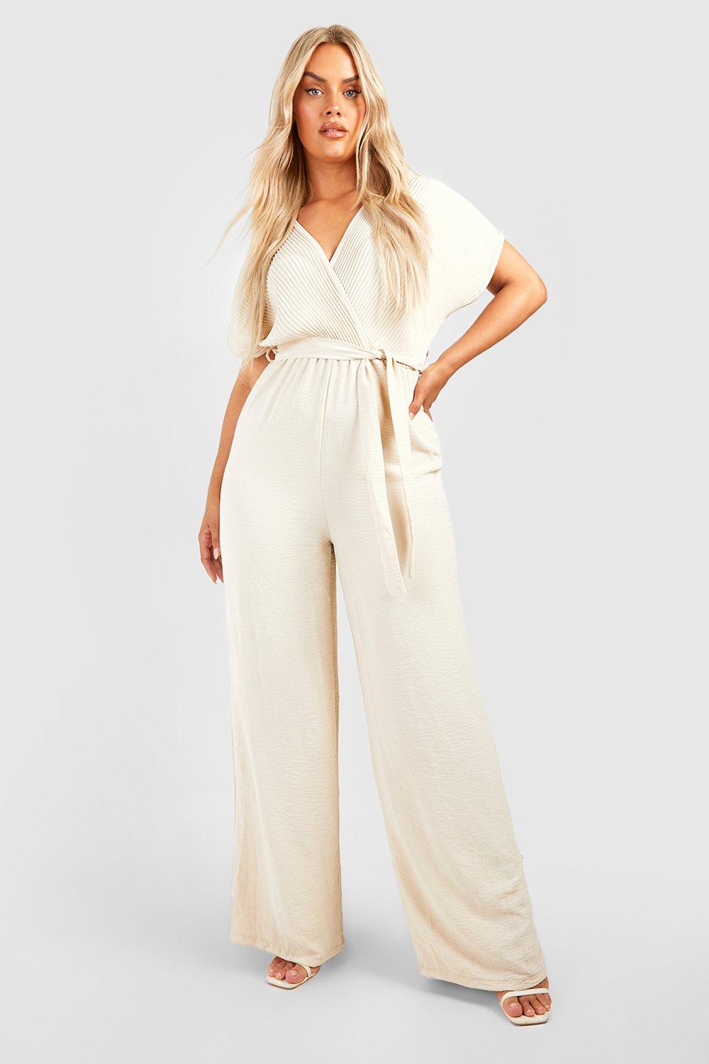 Womens Plus Plisse Tie Belt Tapered Trouser Jumpsuit - Beige - 22, Beige