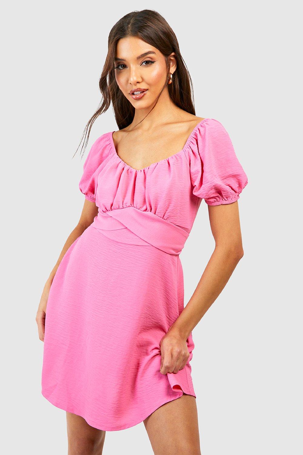Boohoo Mini Jurk Met Pofmouwen En Strik, Pink