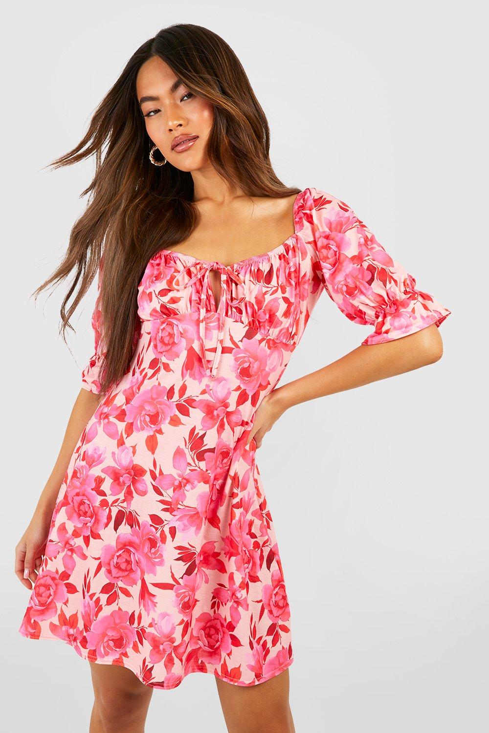 Boohoo Bloemen Zonnejurk Met Pofmouwen, Pink