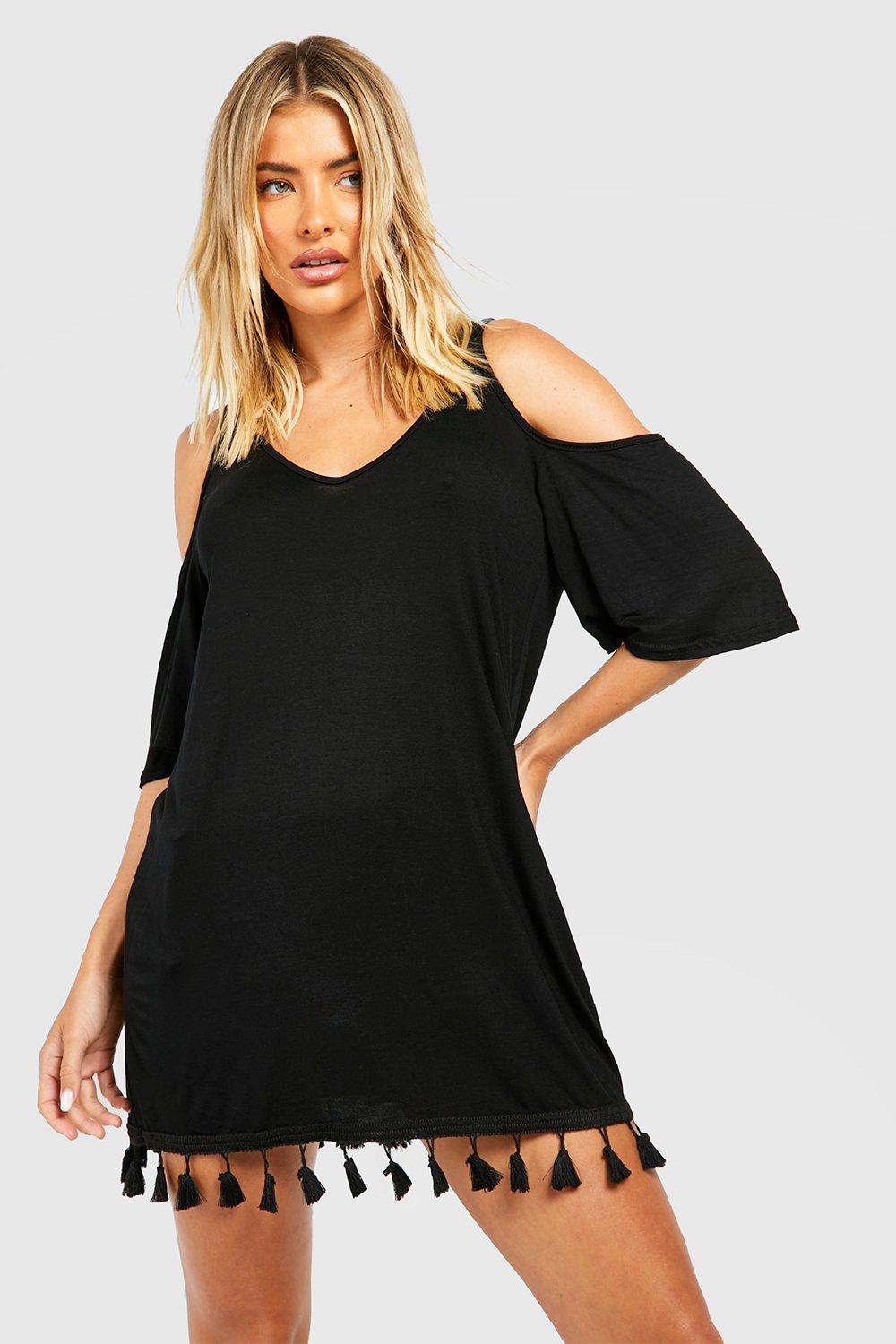 Boohoo Mini Strand Jurk Met Uitgesneden Schouders En Kwastjes, Black