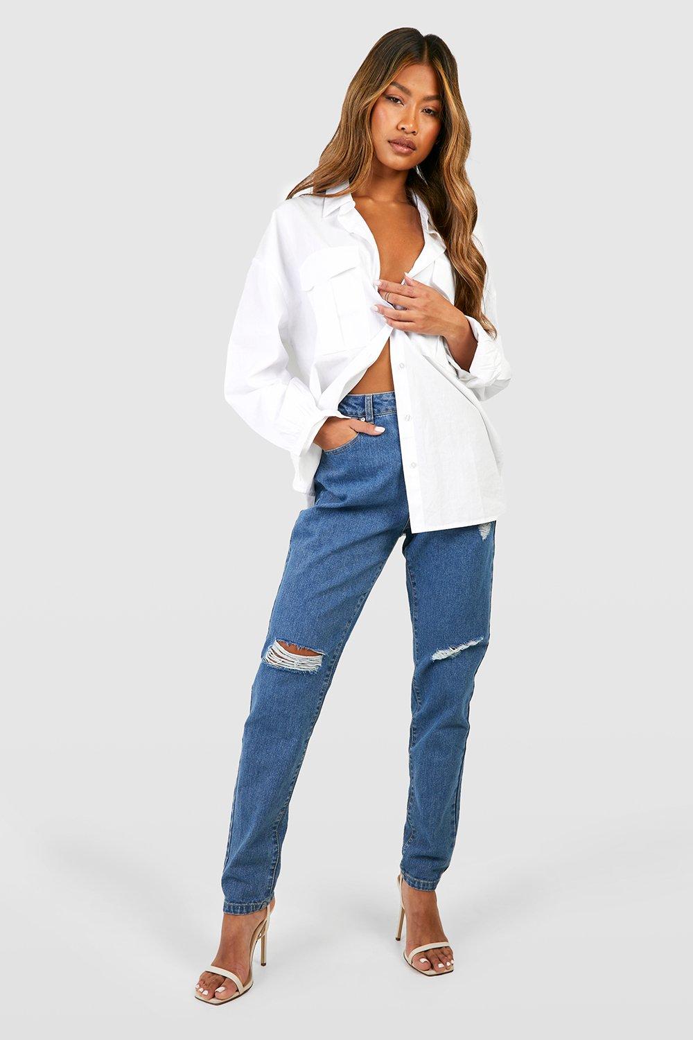 Boohoo Gescheurde Basic Mom Jeans Met Hoge Taille, Mid Blue