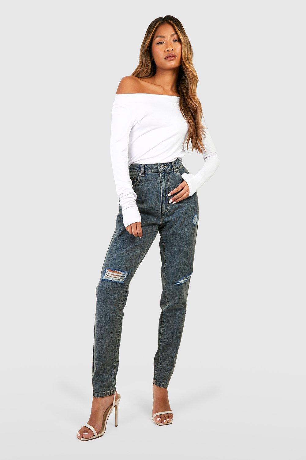 Boohoo Gescheurde Basic Mom Jeans Met Hoge Taille, Vintage Wash