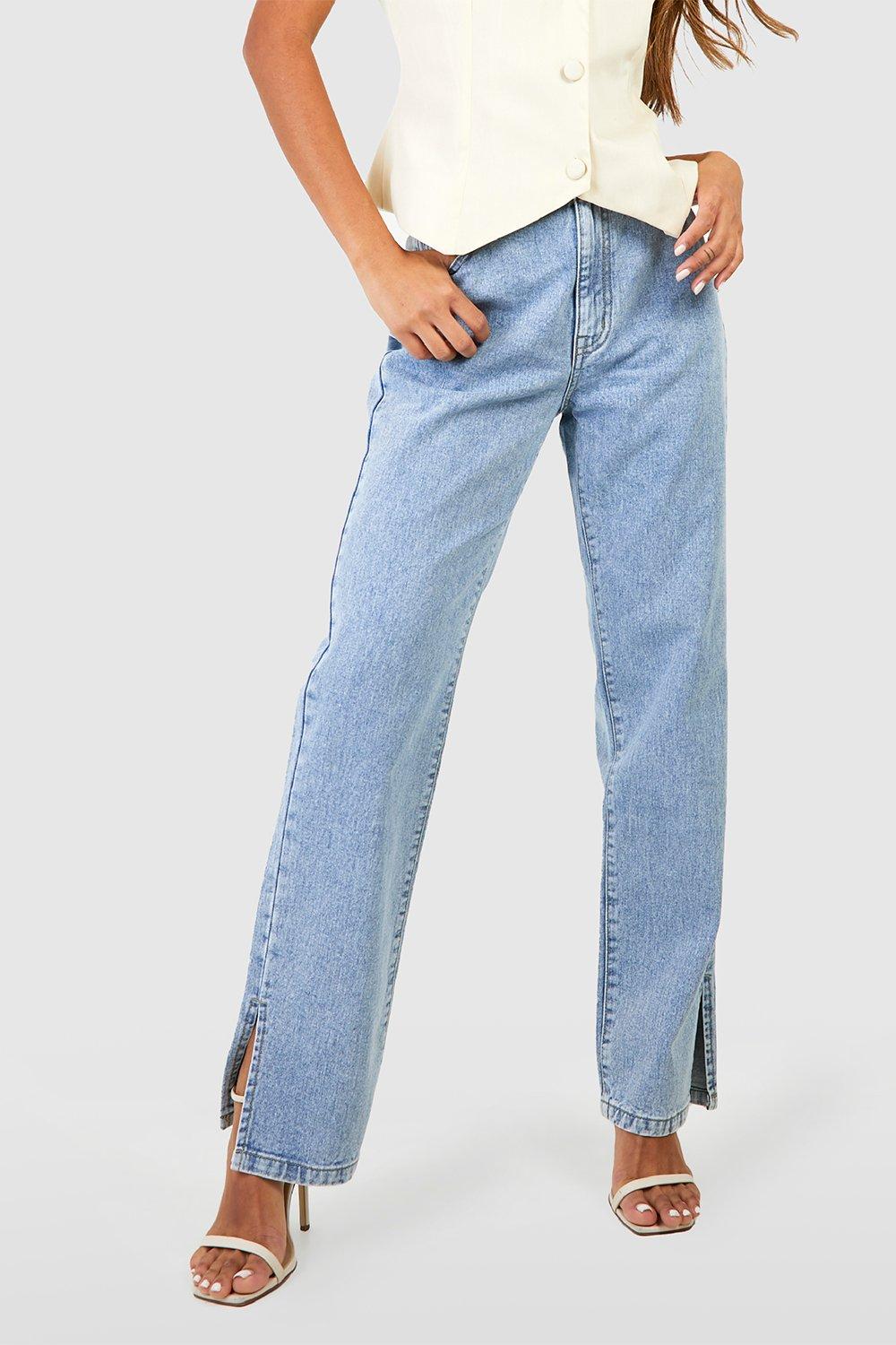 Image of Jeans dritti Basics a vita alta con spacco sul fondo, Azzurro