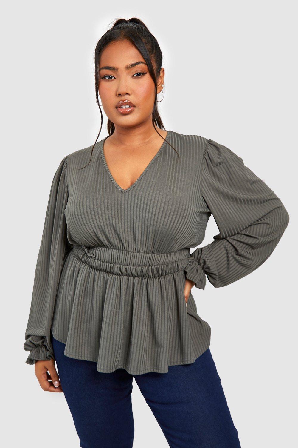 Boohoo Plus Geribbelde Peplum Top, Khaki