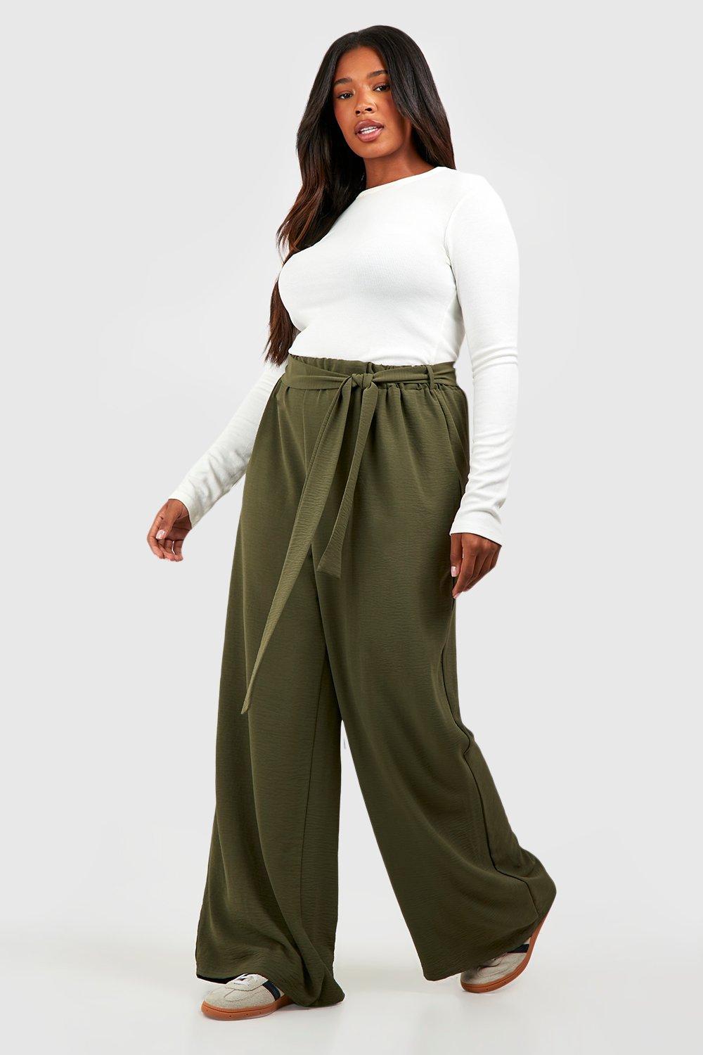 Image of Pantaloni a gamba ampia Plus Size con trama e cintura, Verde