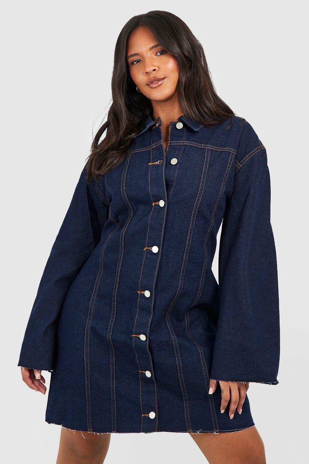 Image of Vestito camicia Plus Size in denim con fondo grezzo, Azzurro