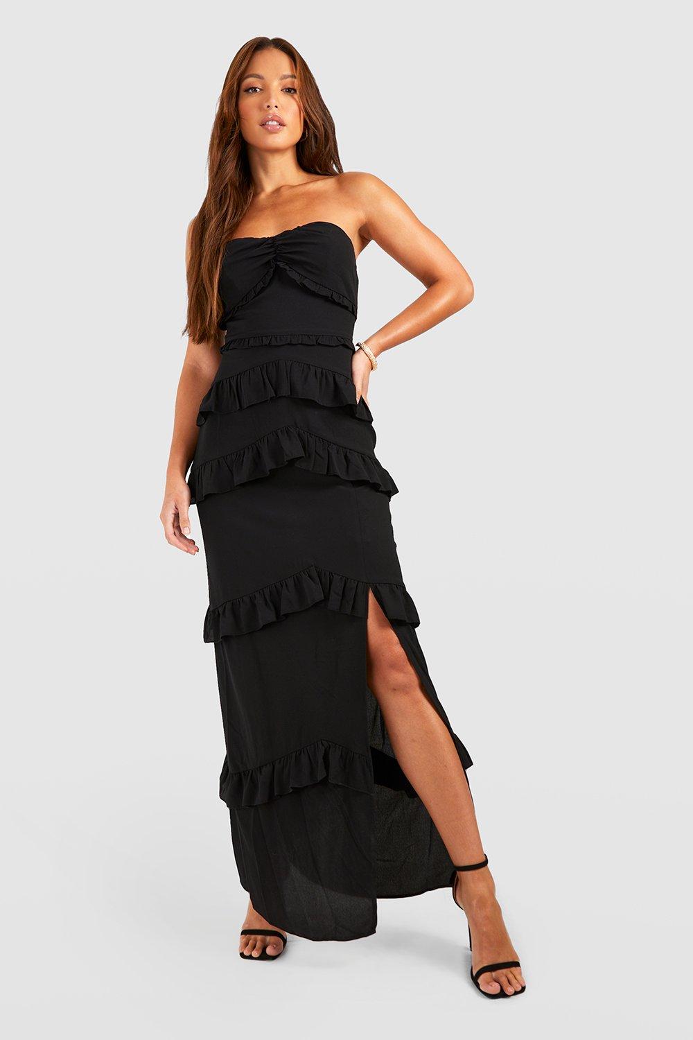 Womens Tall Bandeau Ruffle Split Side Maxi Dress - Black - 14, Black