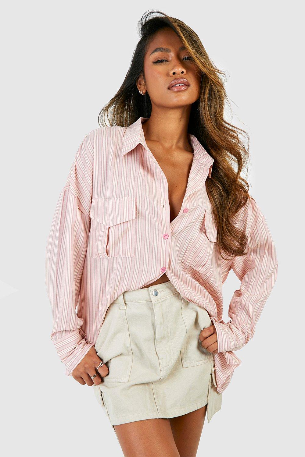 Image of Camicia oversize a righe con tasche, Pink