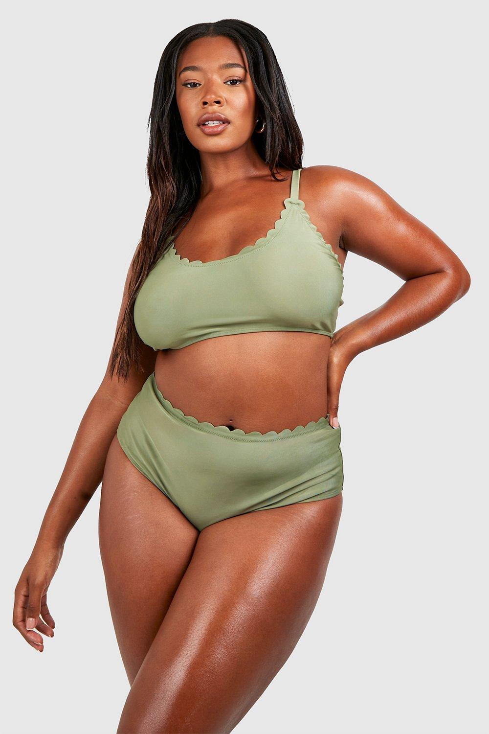 Boohoo Plus Korte Mix & Match Bikini Top Met Geribbelde Zoom, Khaki
