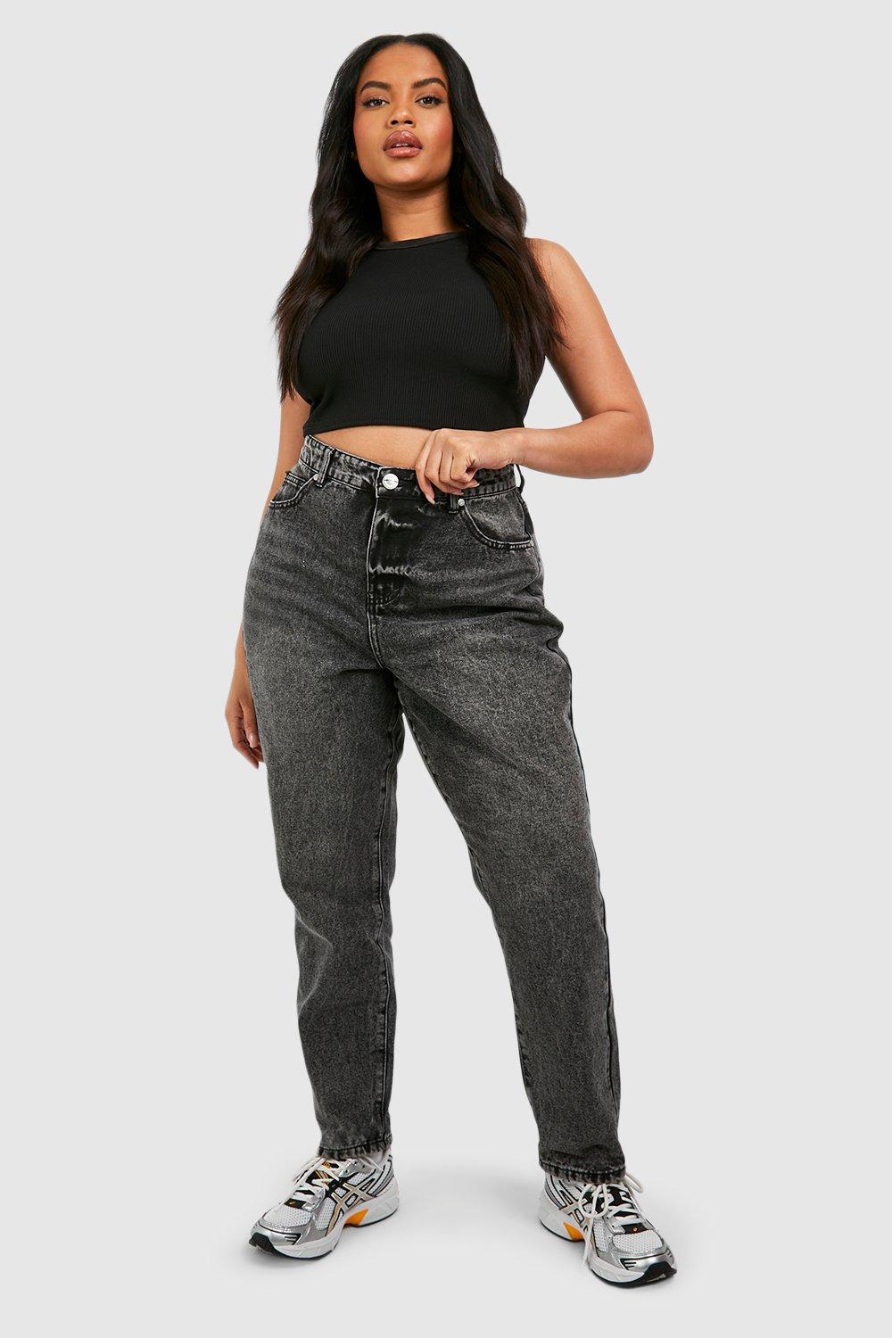 Boohoo Plus Gebleekte Zwarte Mom Jeans Met Omgeslagen Zoom, Washed Black