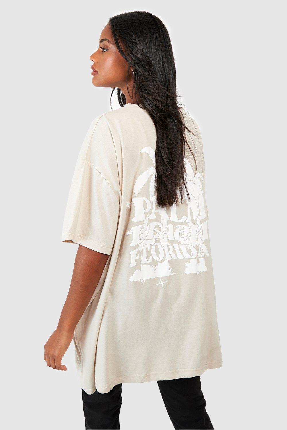 Image of T-shirt super oversize con stampa Palm Beach sul retro, Beige