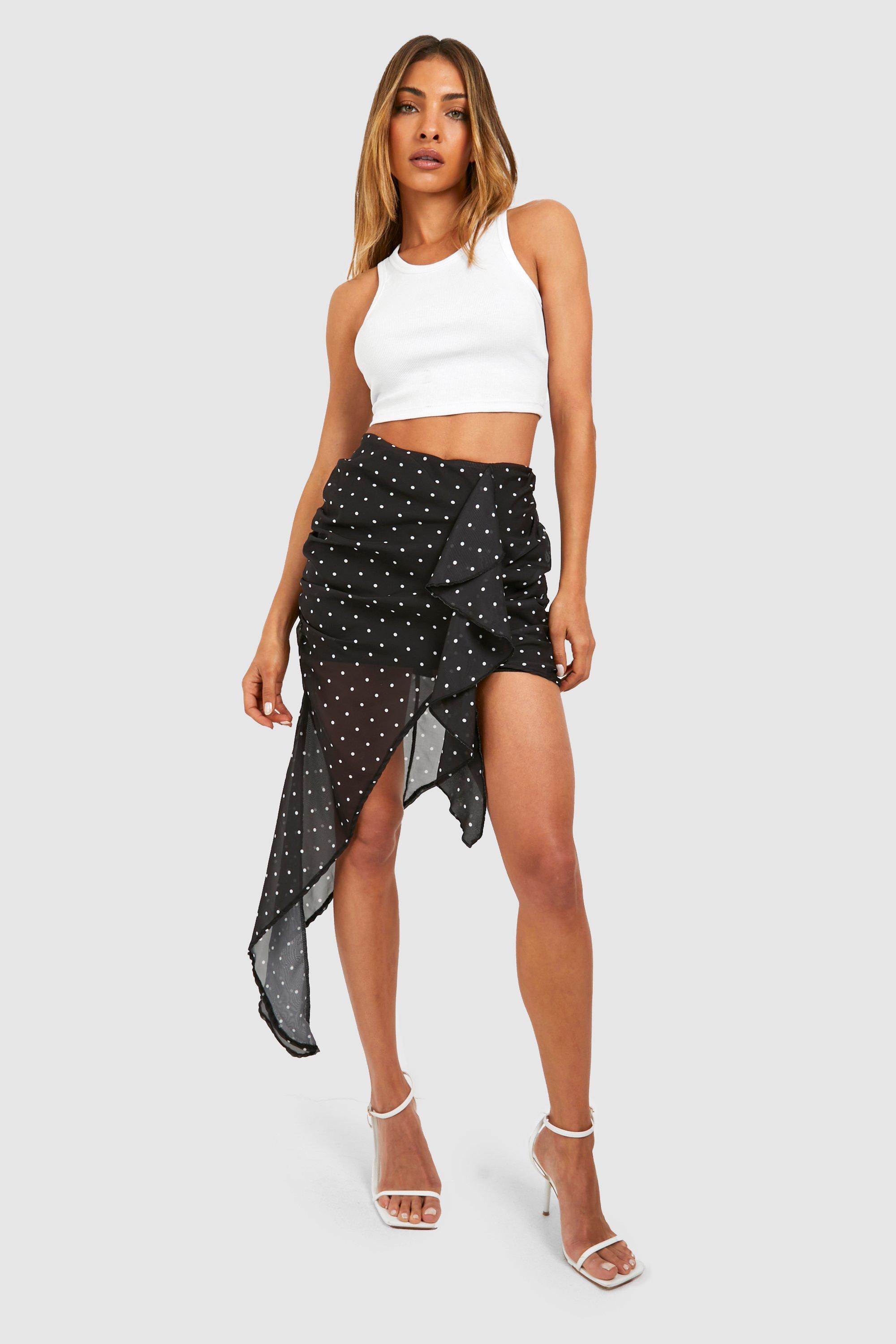 Boohoo Chiffon Asymmetrische Rok Met Ruches En Stippen, Black