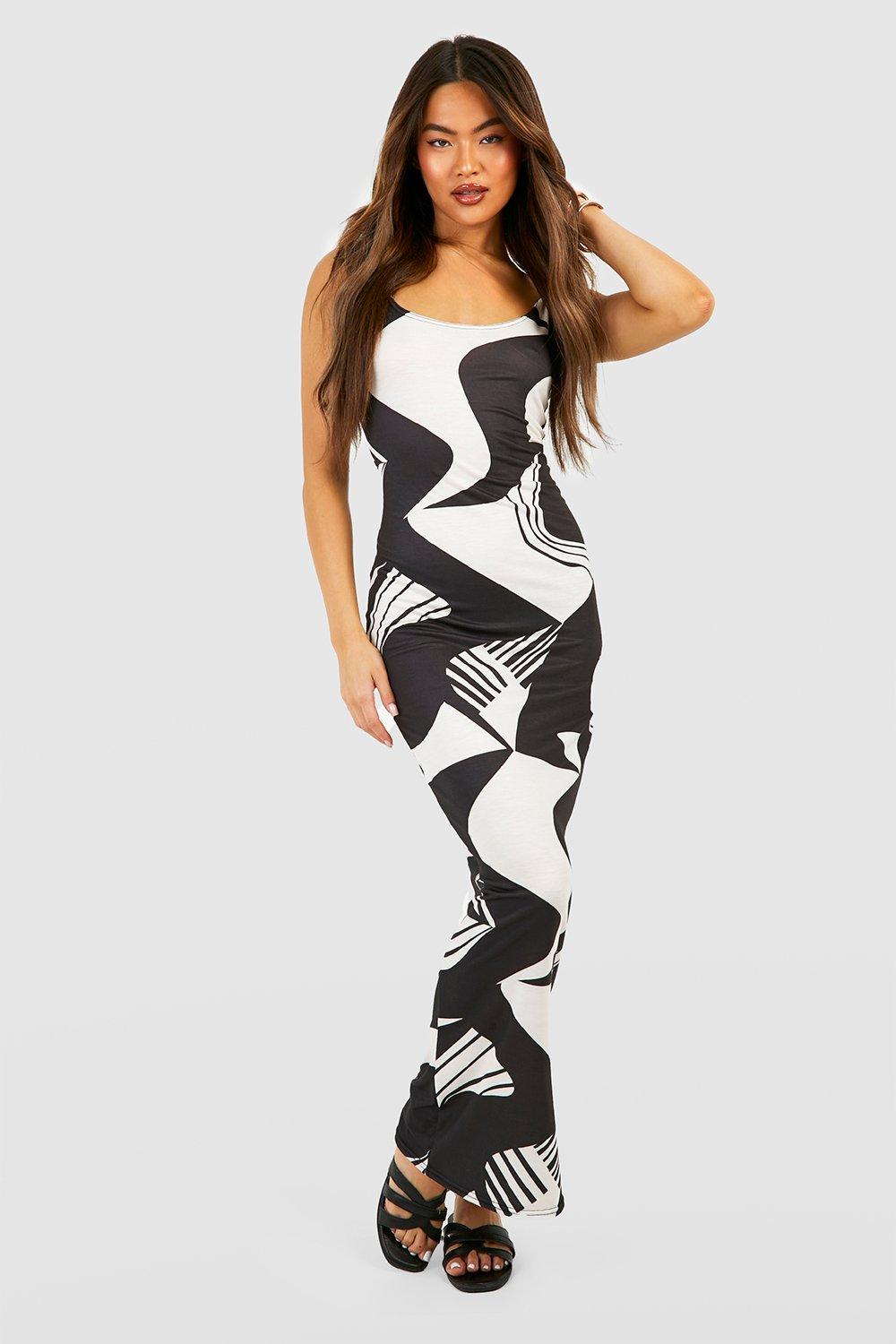 Boohoo Abstracte Maxi Jurk Met Lage Ronde Hals, Black