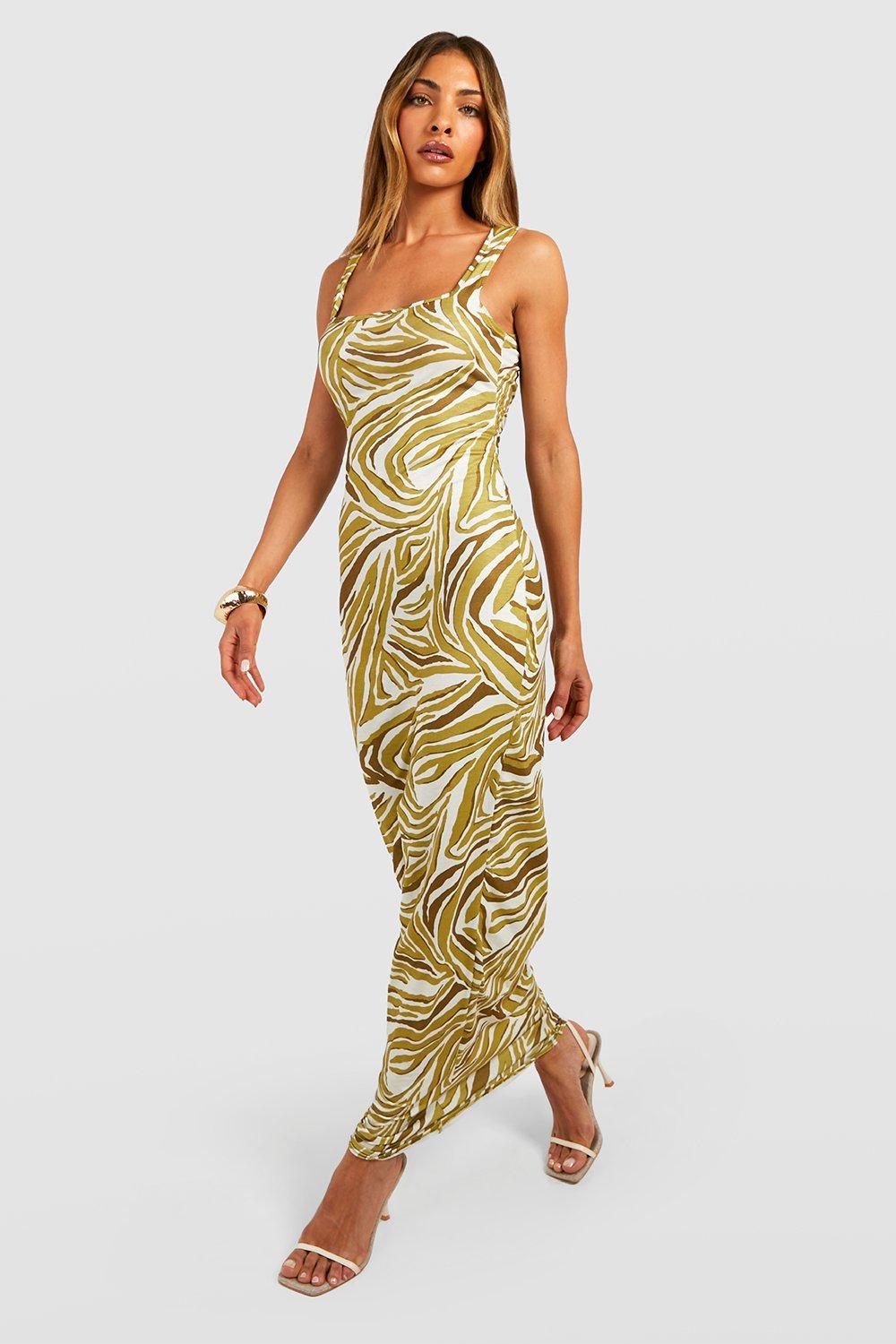 Boohoo Zebraprint Maxi Jurk Met Vierkante Hals, Green