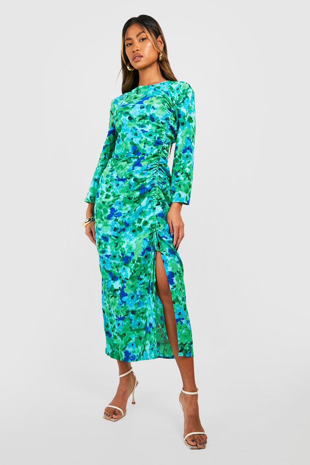 Boohoo Geplooide Bloemen Midaxi Jurk, Green