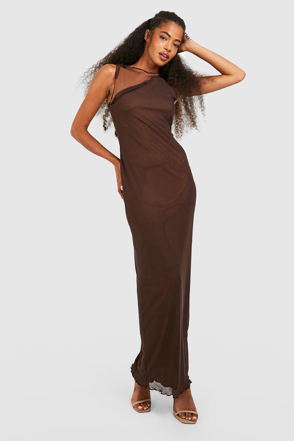 Boohoo Mesh Overlay Maxi Jurk, Brown