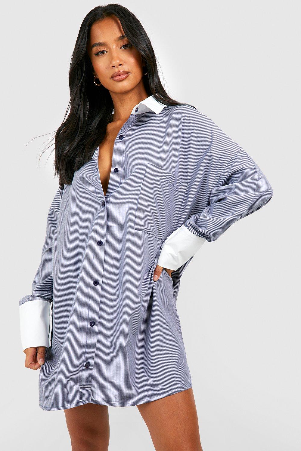 Boohoo Petite Gestreepte Blouse Jurk Met Contrasterende Mouwen En Kraag, Blue