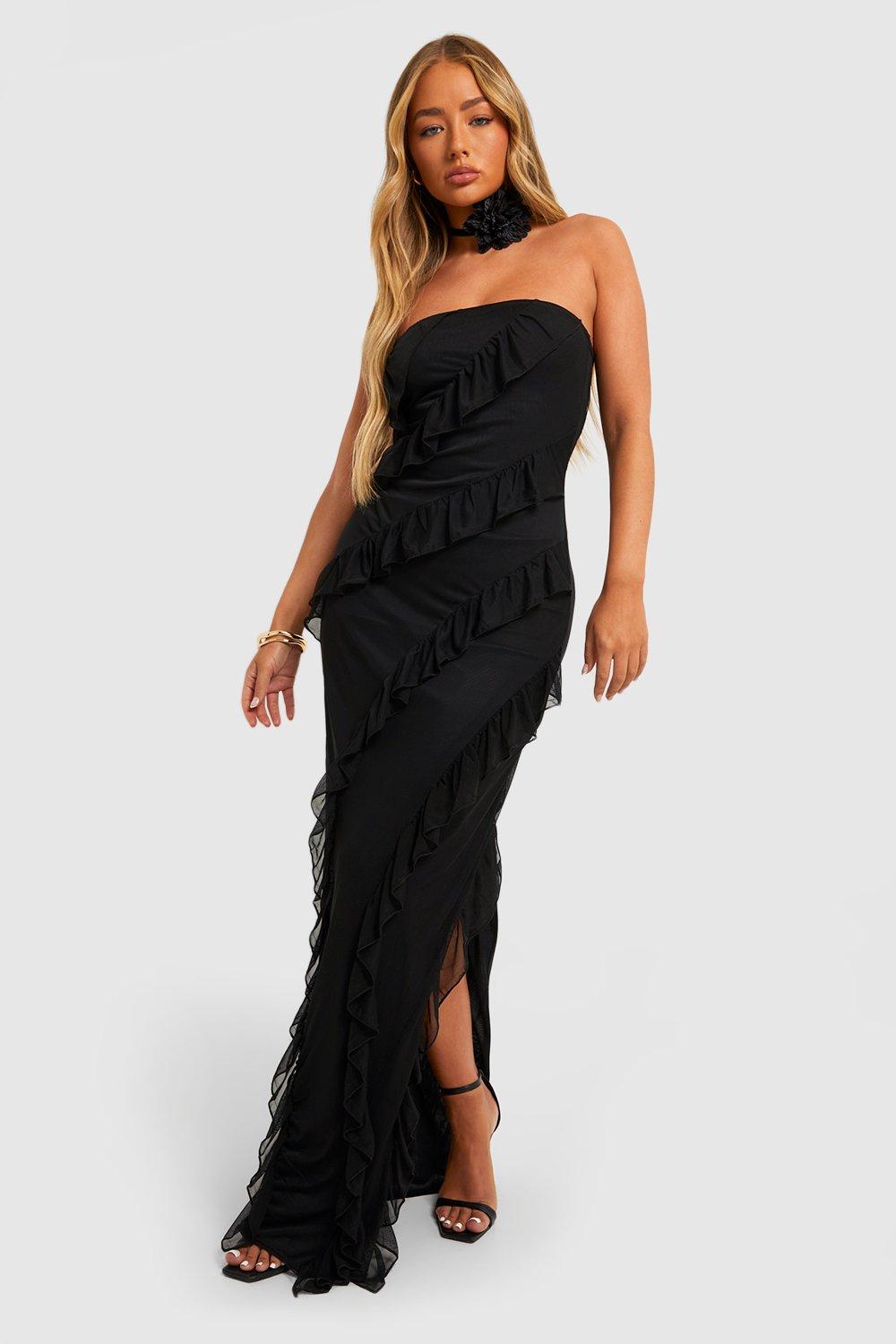 Womens Bandeau Ruffle Split Maxi Dress - Black - 14, Black