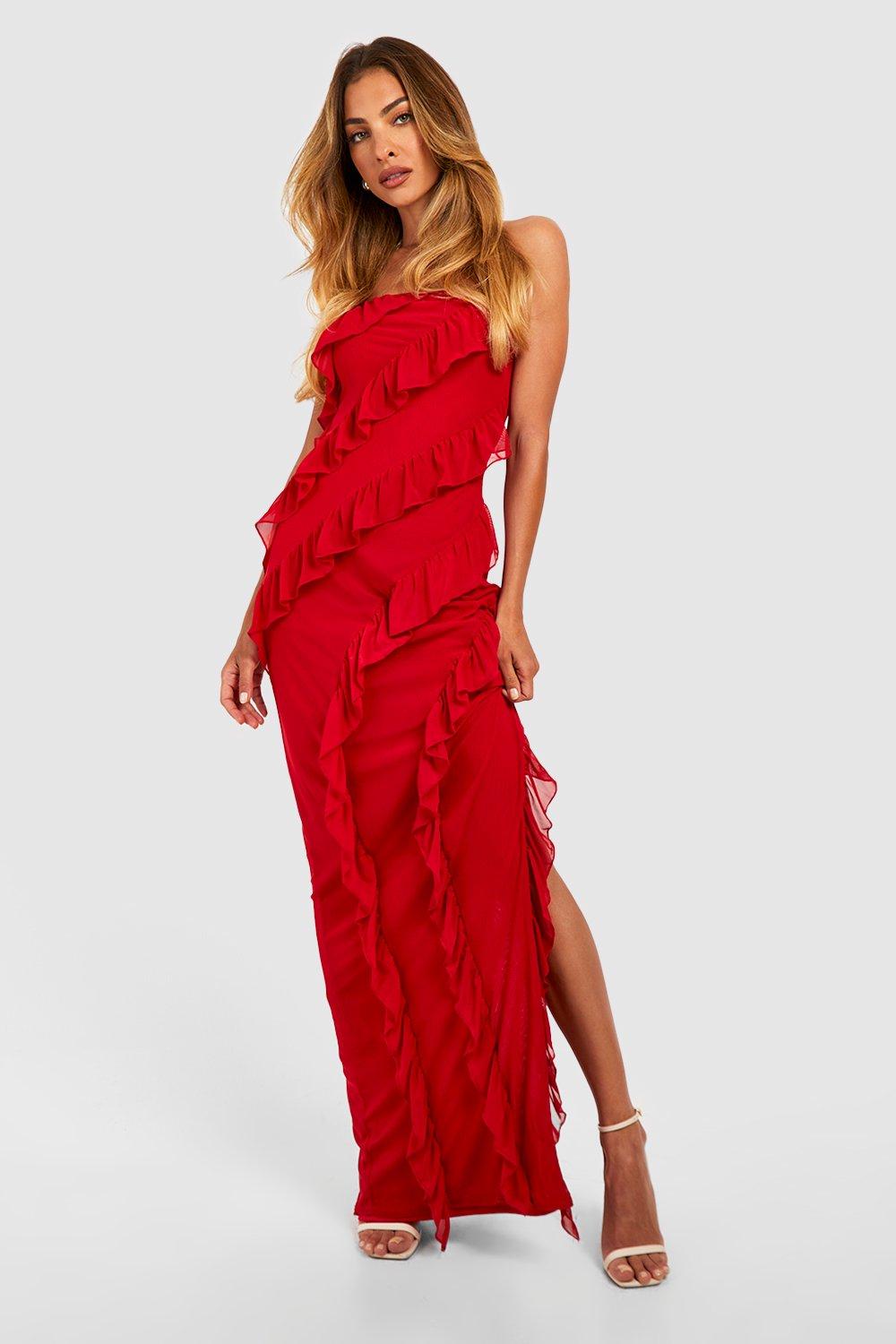 Womens Bandeau Ruffle Split Maxi Dress - Red - 16, Red
