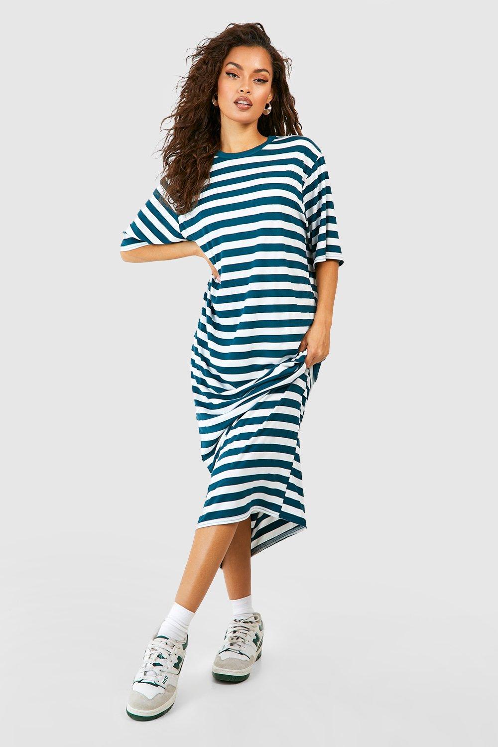 Womens Oversized Striped T-Shirt Maxi Dress - Blue - 8, Blue