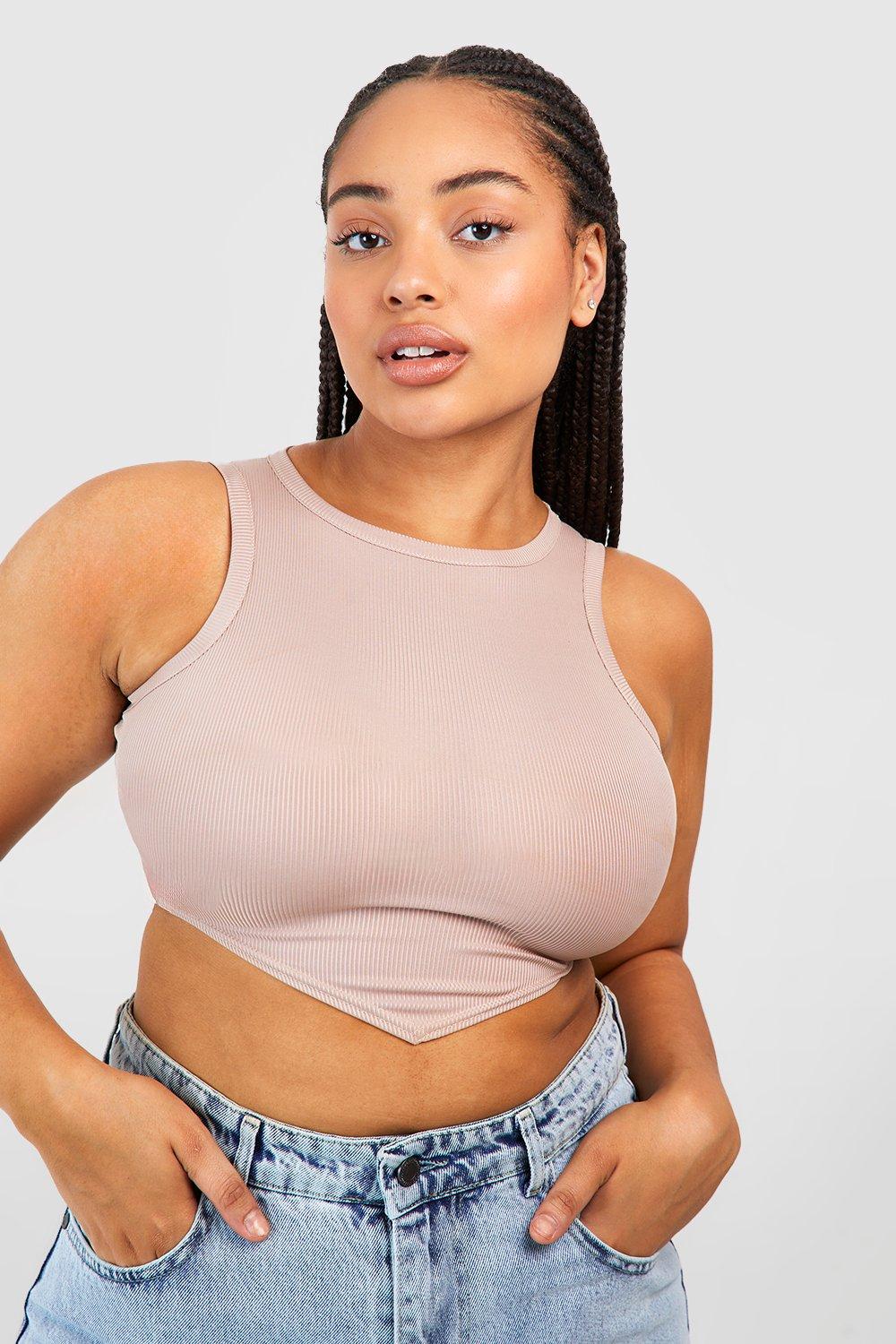 Boohoo Geribbelde Crop Top Met V-Zoom, Stone