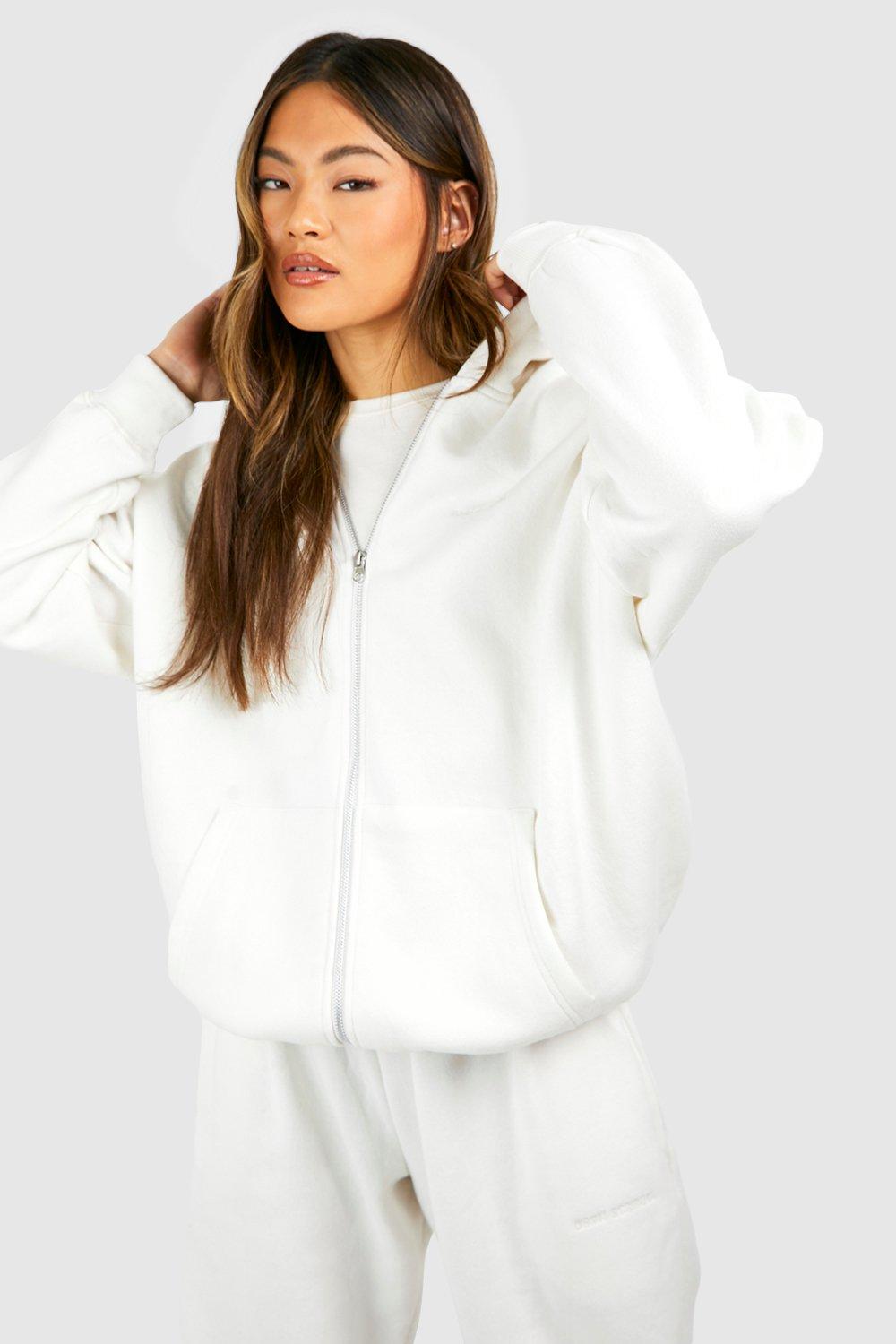 Womens Oversized Zip Through Hoodie - Cream - L, Cream