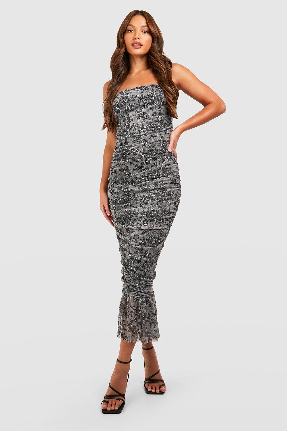 Womens Tall Mesh Lace Print Ruched Bandeau Dress - Black - 6, Black