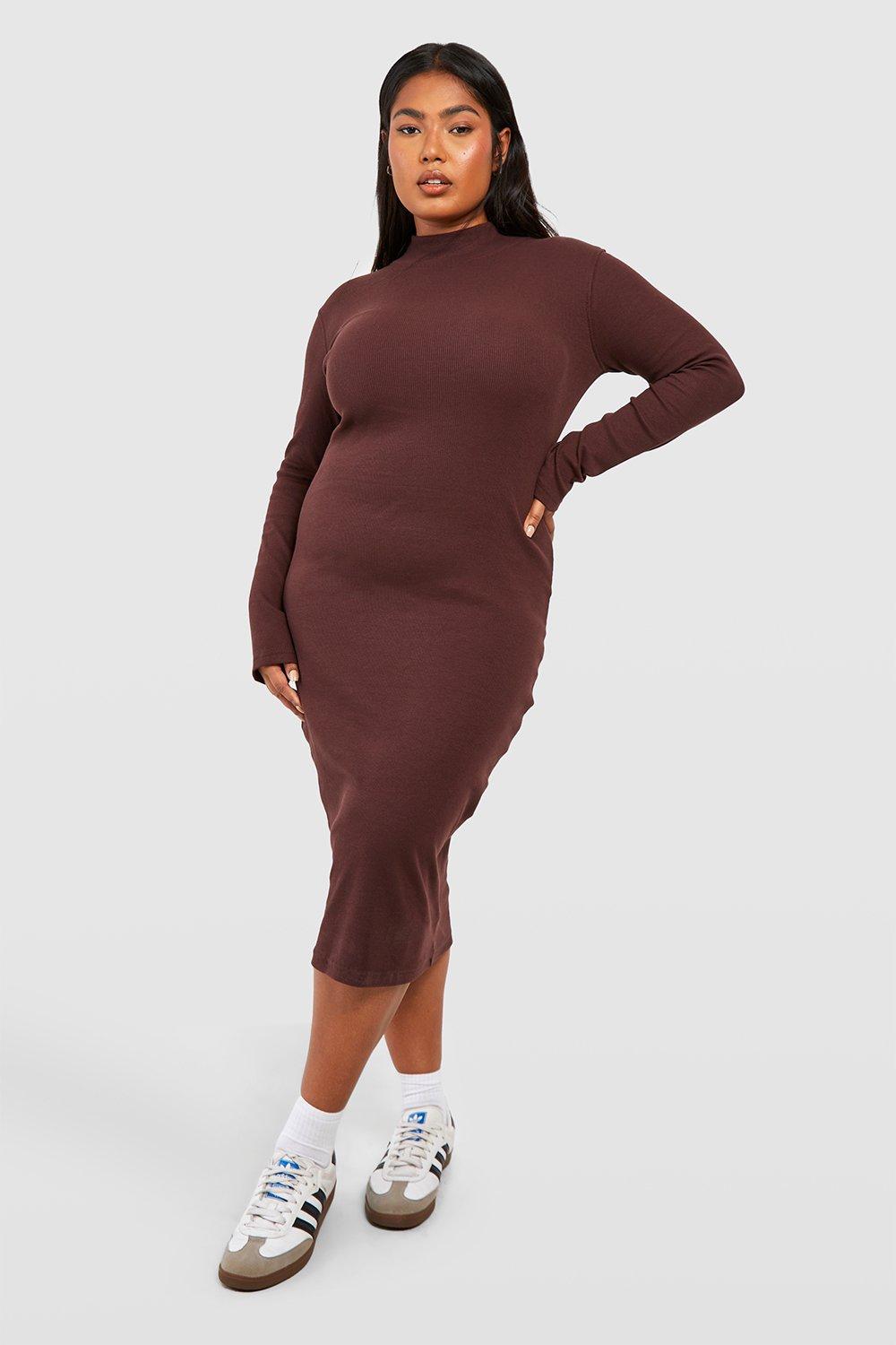 Boohoo Plus Geribbelde Midi Jurk Met Col En Lange Mouwen, Chocolate