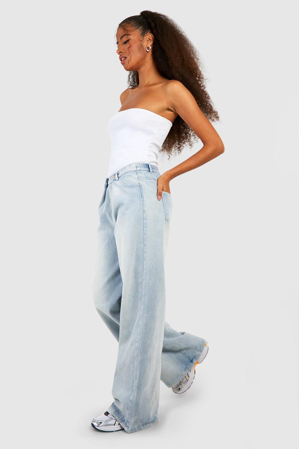 womens popper pleated wasitband wide leg jeans - blue - 12, blue