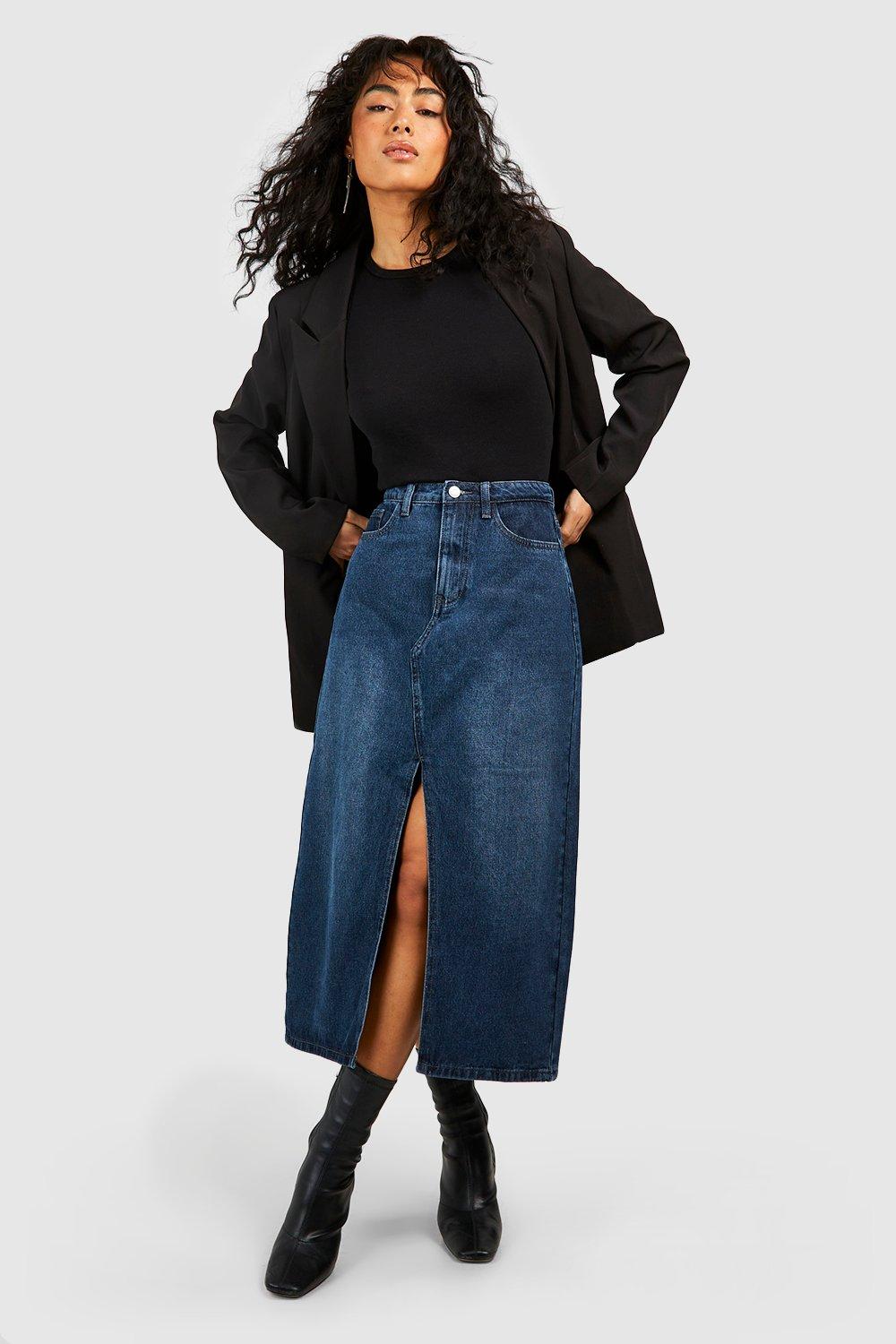 Boohoo Sandblast Midi Spijkerrok Met Split, Mid Navy