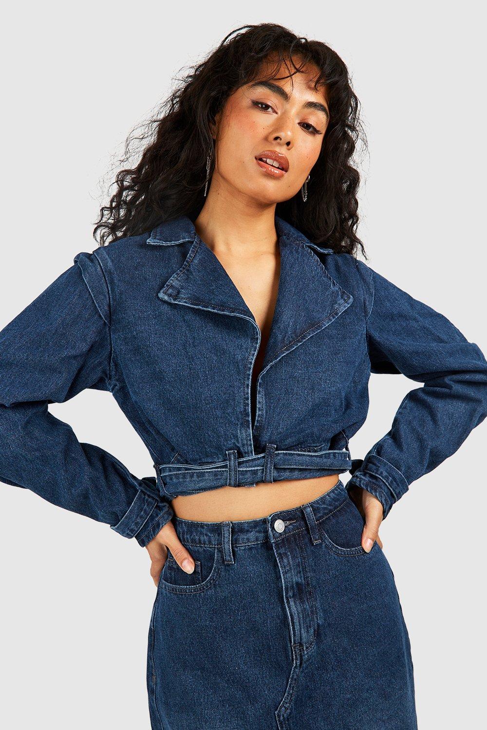 Womens Sandblast Belted Crop Denim Trench Jacket - Blue - 10, Blue