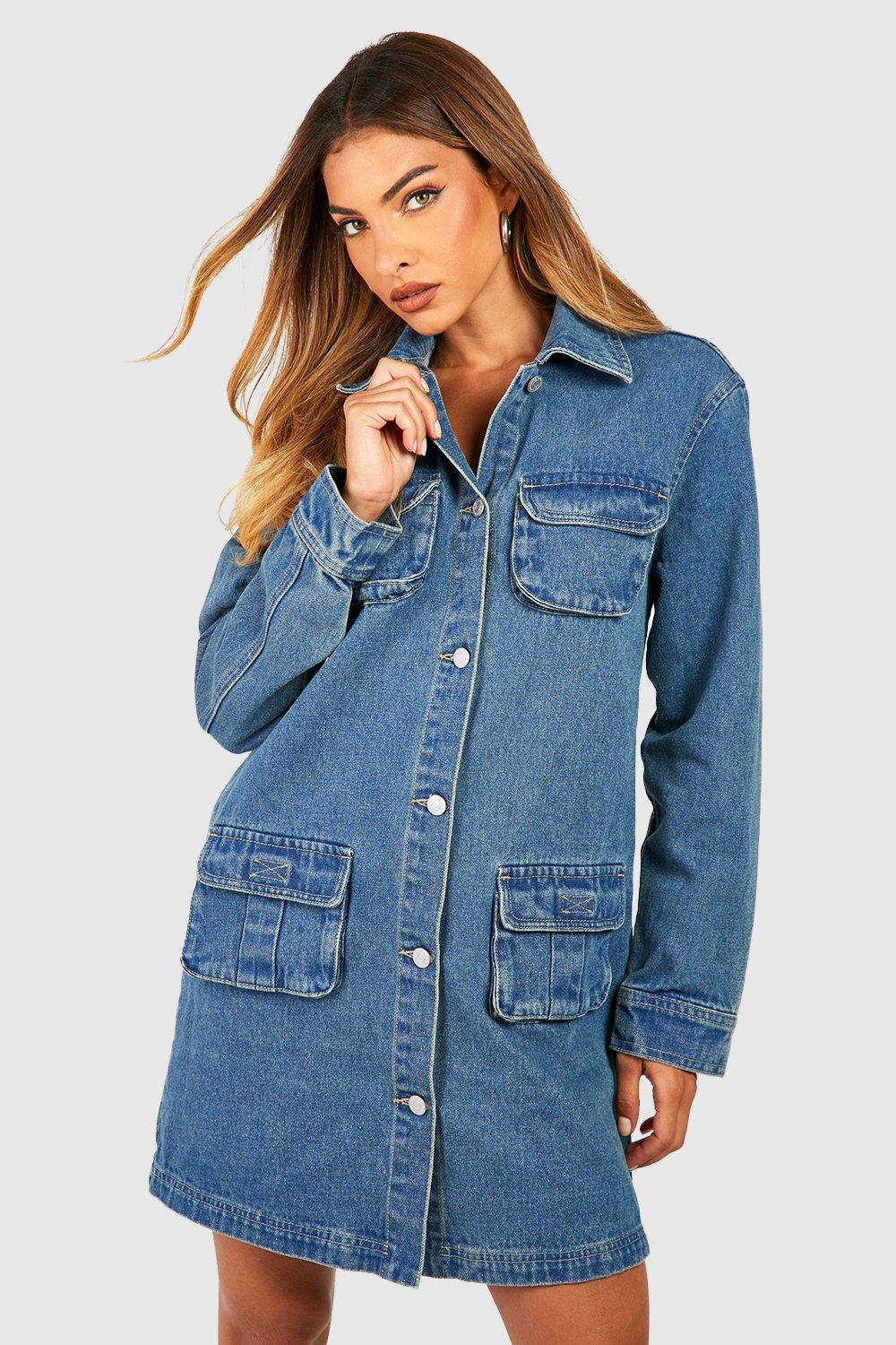 Boohoo Denim Blouse Jurk Met Cargo Zakken, Mid Navy