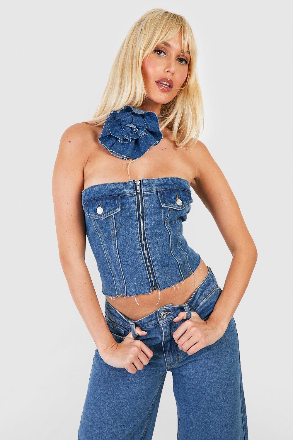 Washed Grey Jean Waistband Detail Denim Corset Top