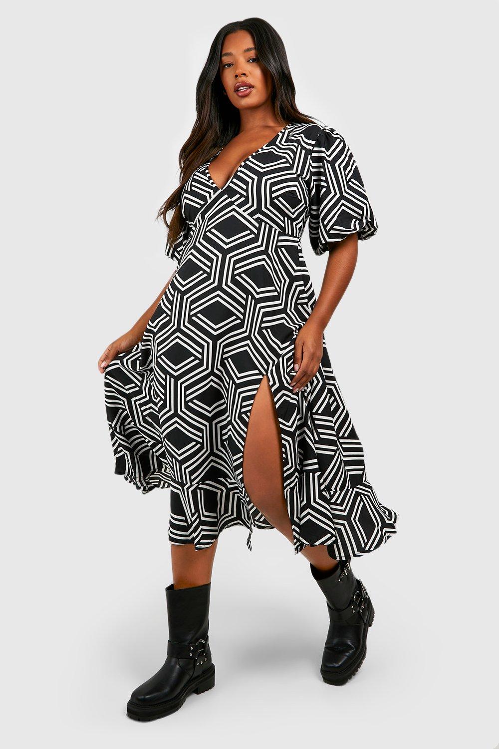 Image of Vestito grembiule midi Plus Size con stampa monocromatica, Nero