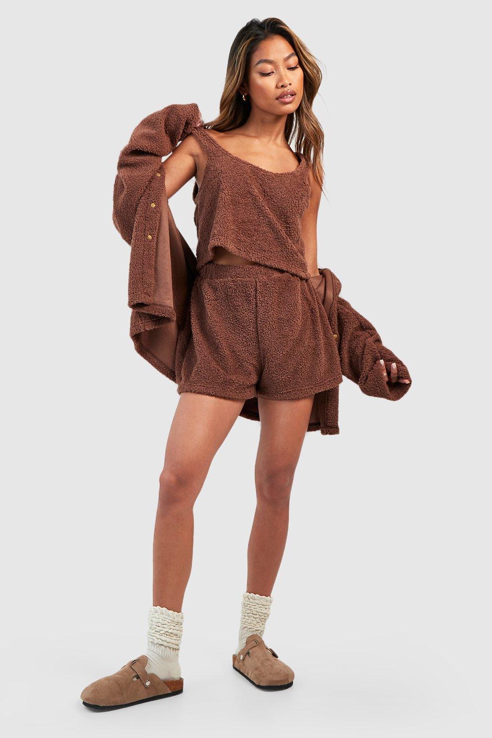 Womens Fluffy Loungewear Oversized Short - Brown - 6, Brown