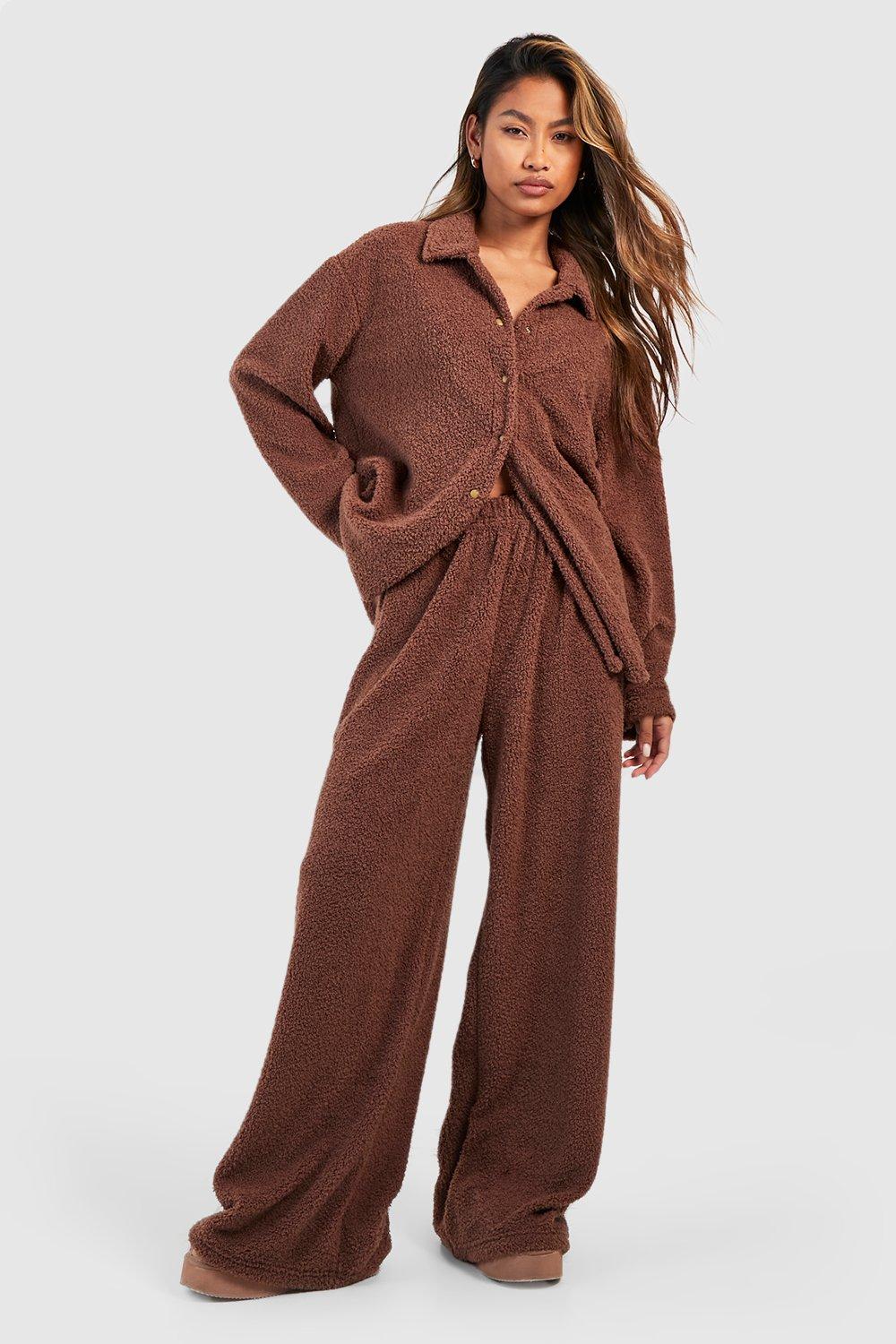 Womens Fluffy Loungewear Fleece Wide Leg Trouser - Brown - 12, Brown