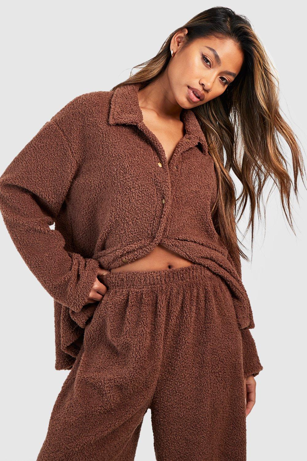 Womens Fluffy Collared Loungewear Shirt - Brown - 6, Brown