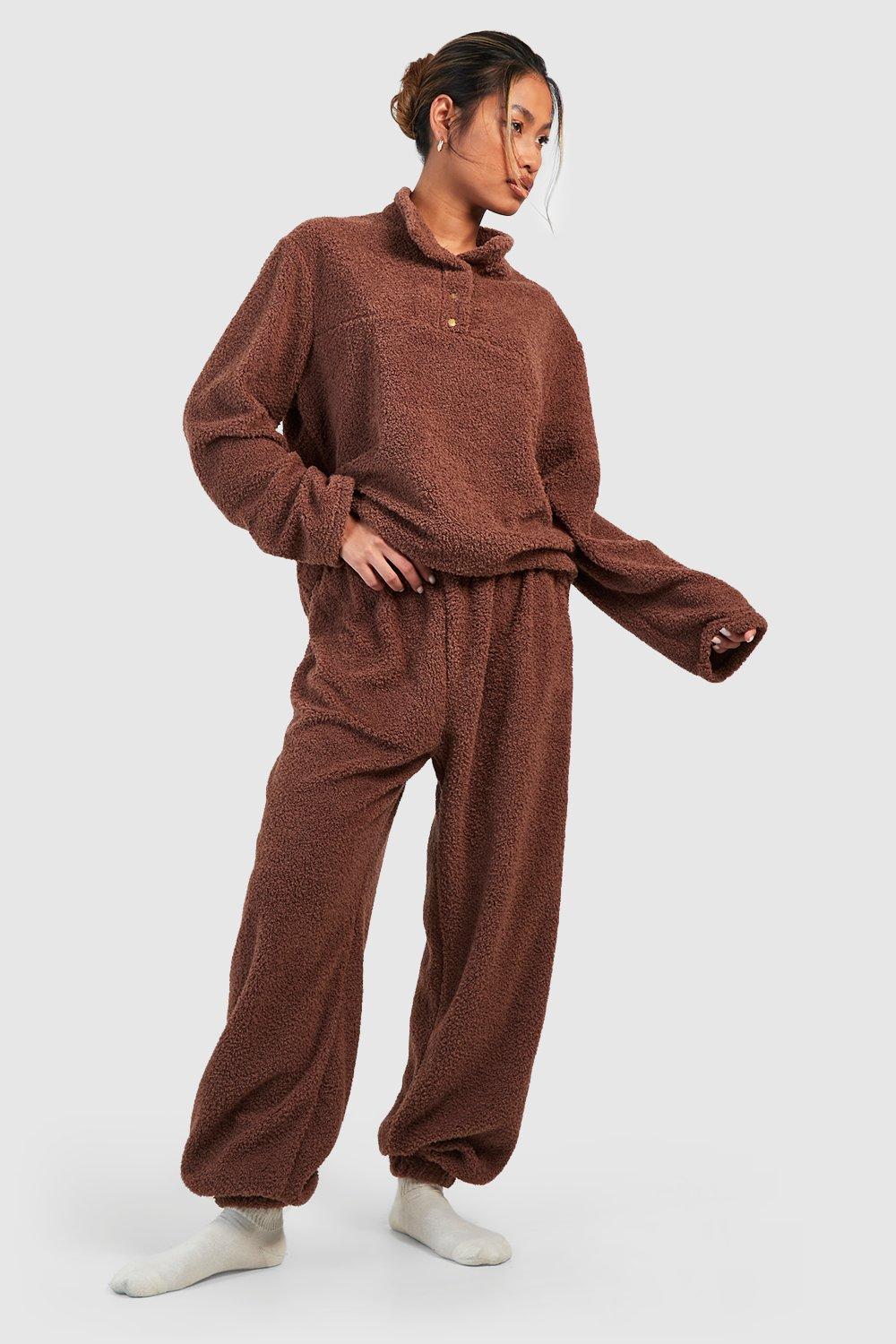 Womens Fluffy Loungewear Fleece Jogger - Brown - 8, Brown