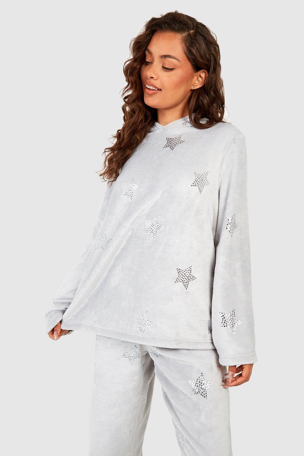 Womens Star Detail Fleece Loungewear Hoodie - Grey - 12, Grey