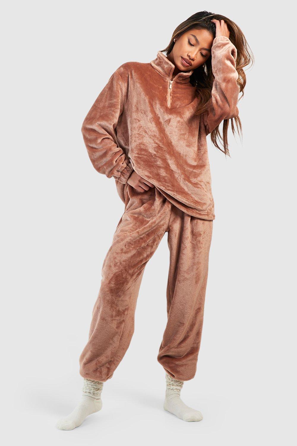 Womens Half Zip Fleece Loungewear Joggers - Brown - 6, Brown