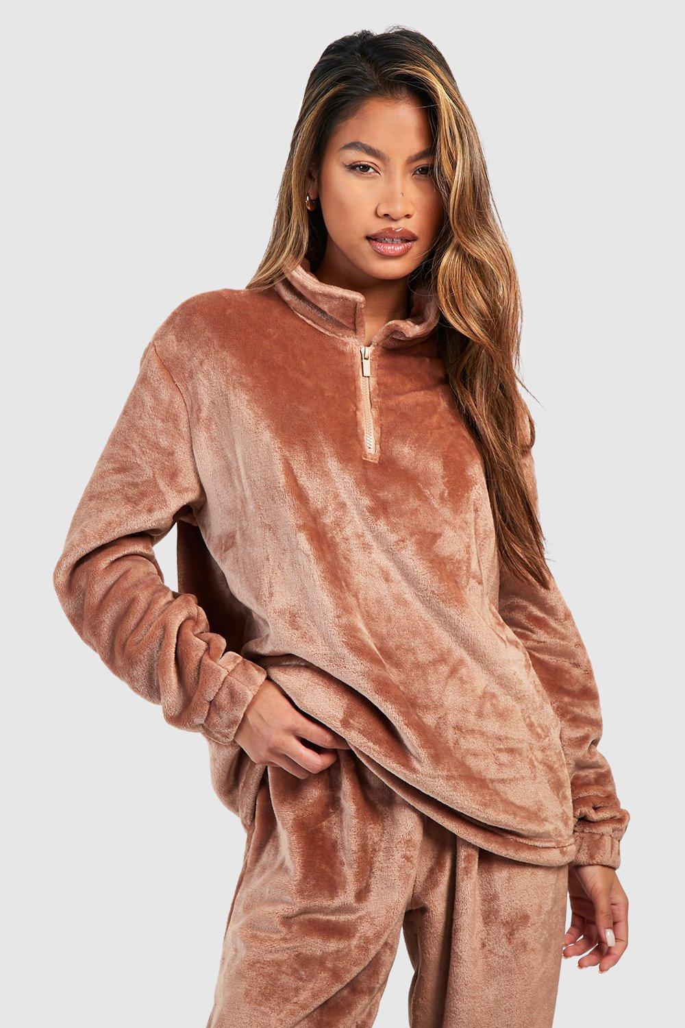 Womens Half Zip Loungewear Fleece Sweatshirt - Brown - 10, Brown