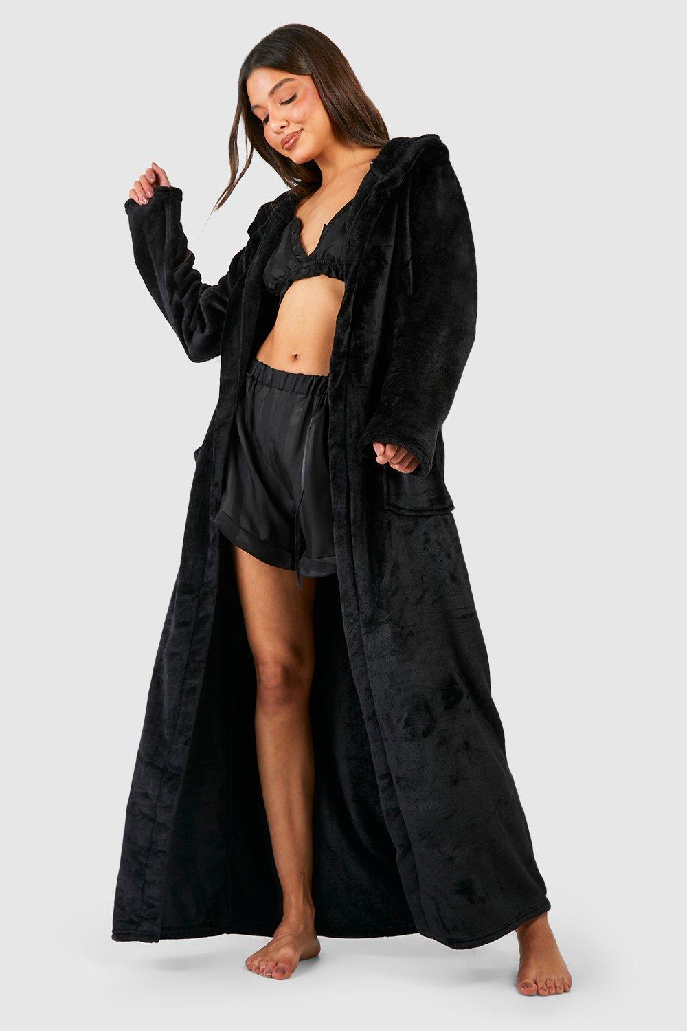 Womens Maxi Fleece Dressing Gown - Black - 6, Black