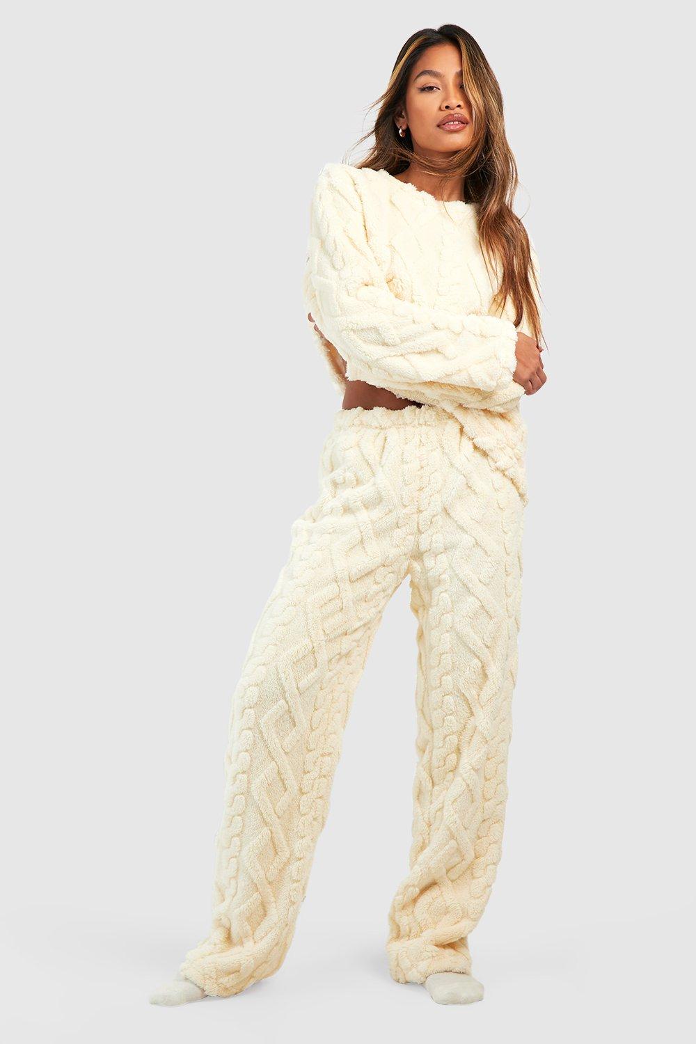 Womens Cable Knit Fleece Lounge Wide Leg Trouser - White - 10, White