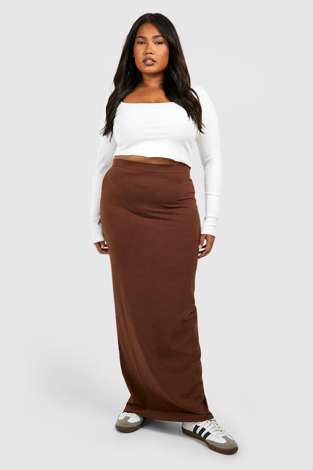 Image of Gonna maxi Plus Size Basic in cotone ed elastan, Brown