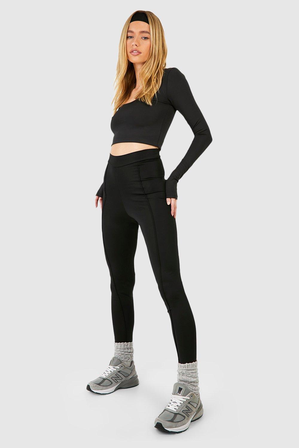 Womens Woven Tab Detail Deep Waist Pintuck Gym Leggings - Black - 8, Black