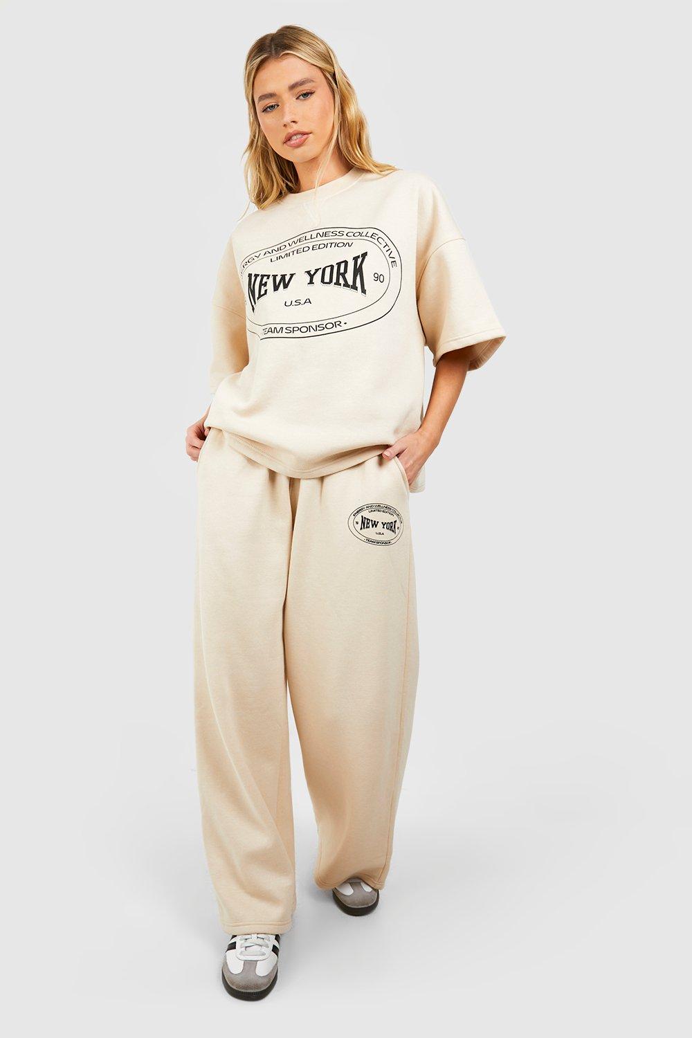 womens new york slogan double waistband straigh leg jogger - beige - m, beige