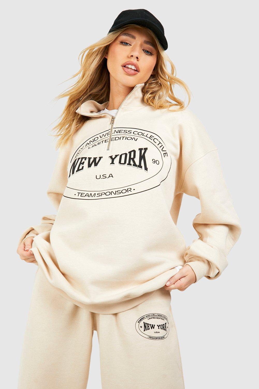 Image of Felpa oversize con slogan New York e zip corta, Beige