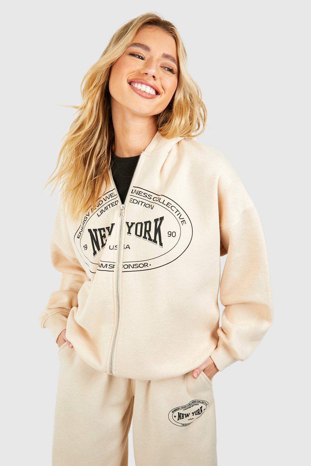Image of Felpa con zip e cappuccio con slogan New York, Beige