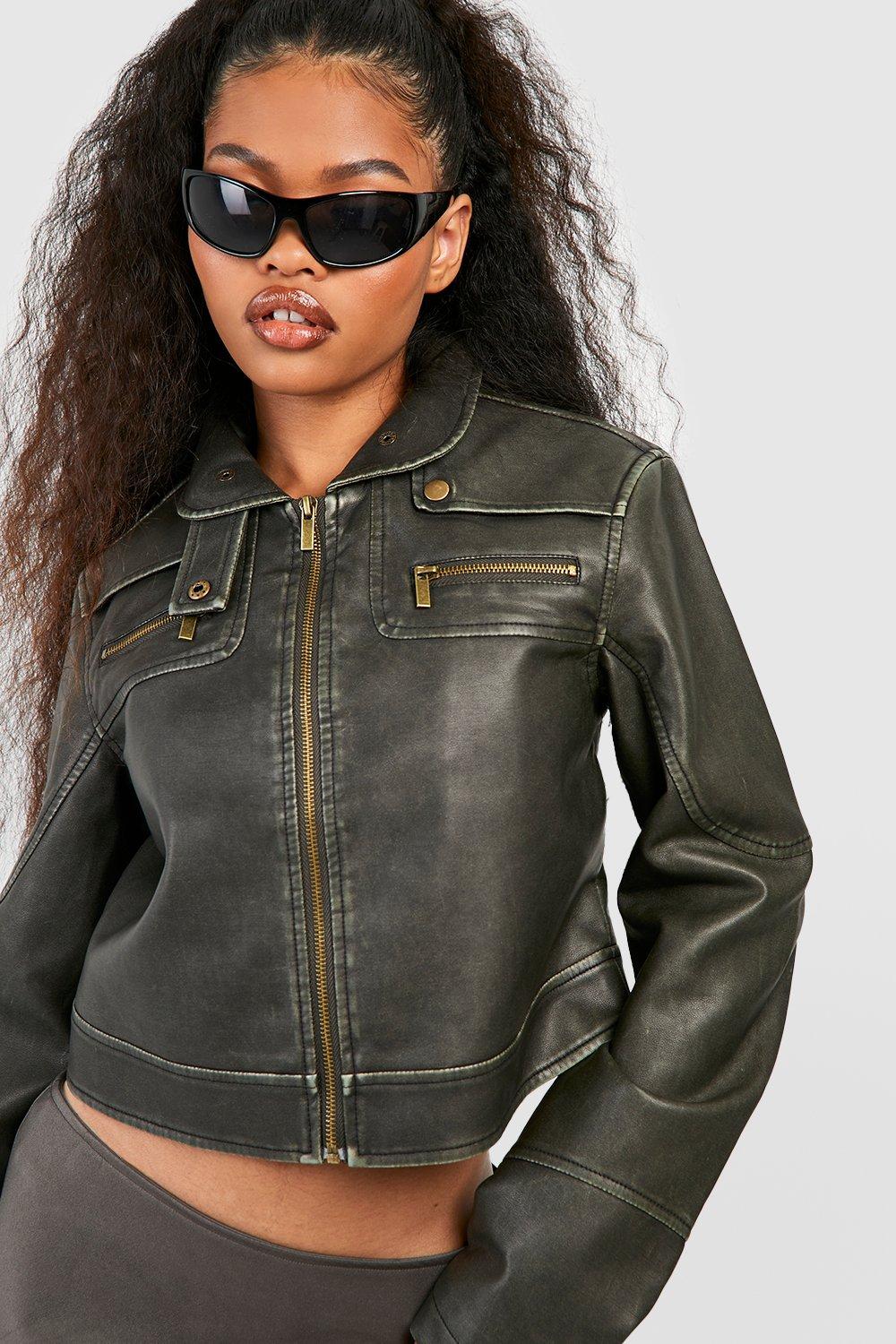 womens vintage look zip detail faux leather jacket - black - 14, black