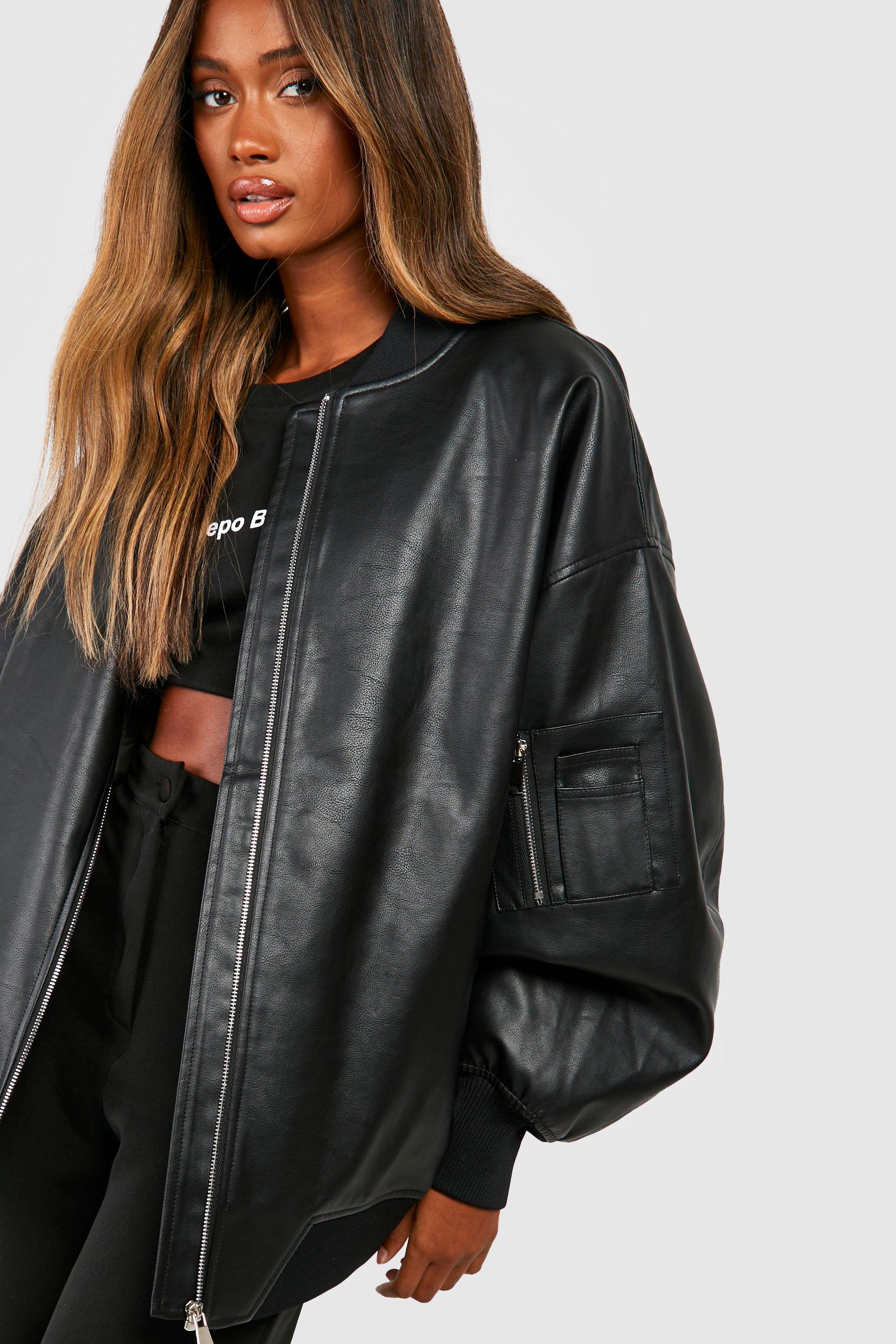 womens oversized faux leather bomber jacket - black - 14, black